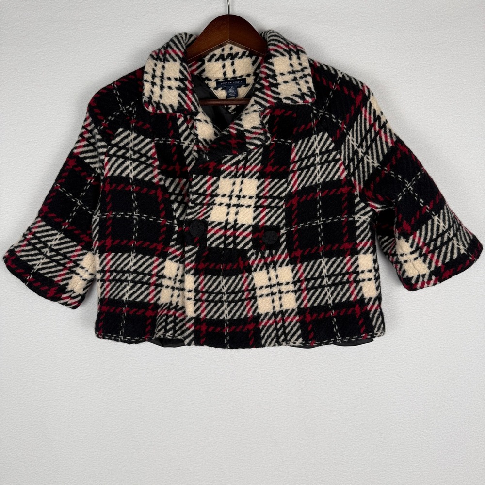 Tommy Hilfiger Little Girls Large Red Black Plaid Wool Cropped Pea Coat Jacket